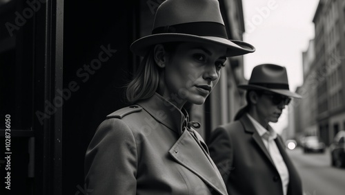 Noir female detective investigates mystery in trench coat and fedora photo