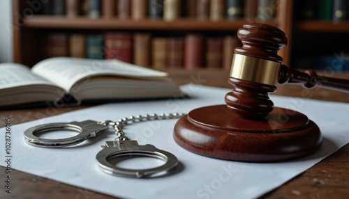 Close-up image of a judge's gavel and handcuffs resting on a legal document, symbolizing justice and law in a library setting. Represents authority and legal proceedings