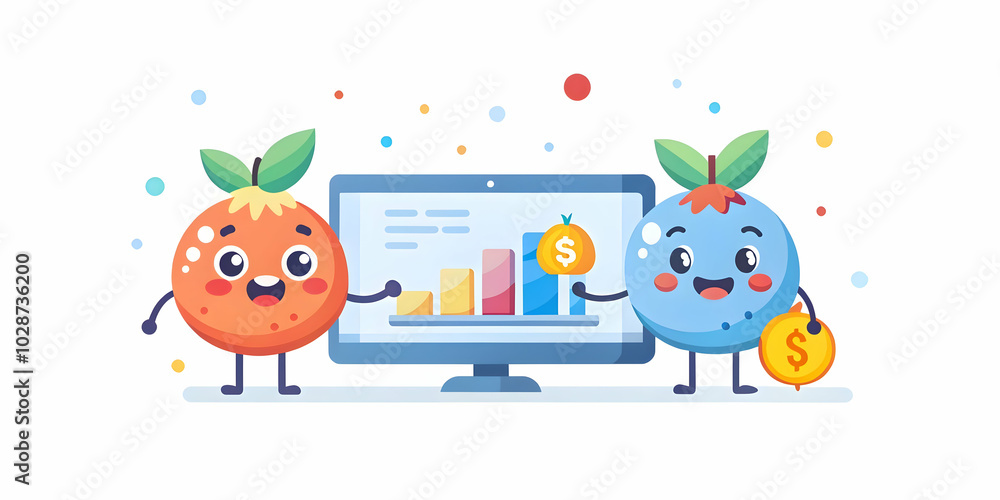 Fototapeta premium Two Vibrant Fruits Conducting Interactive Financial Workshops: Engaging Concepts with Soft Bokeh Background and Digital Elements for Stock Photos