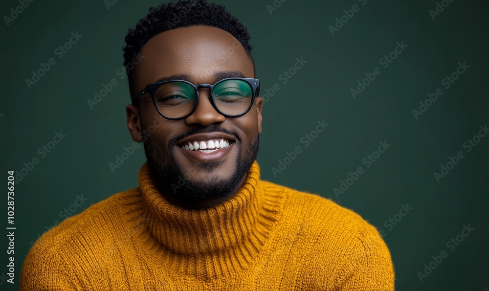 Stylish african man smiling in casual sweater and glasses on green background, Generative AI Stylish african man smiling in casual sweater and glasses on green background, Generative AI