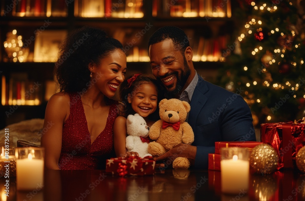 Joyful family of three celebrating Christmas together with gifts and teddy bears by the tree Joyful family of three celebrating Christmas together with gifts and teddy bears by the tree