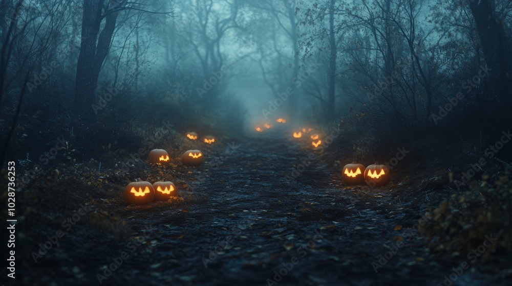 spooky and scary path in the forest with pumpkins spooky and scary path in the forest with pumpkins