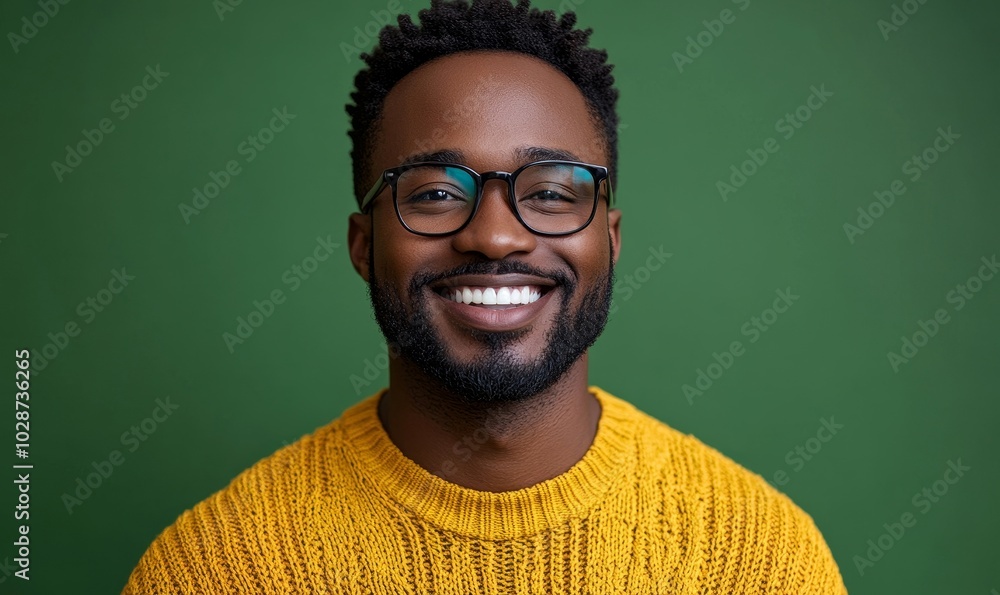 Stylish african man smiling in casual sweater and glasses on green background, Generative AI Stylish african man smiling in casual sweater and glasses on green background, Generative AI