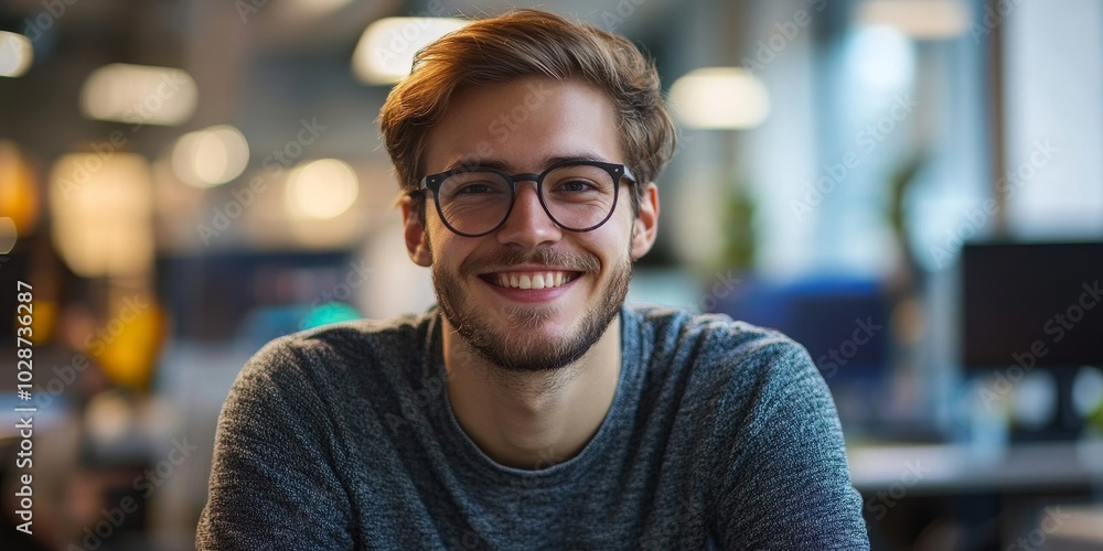 Obraz premium Happy young programmer smiling while working, Generative AI