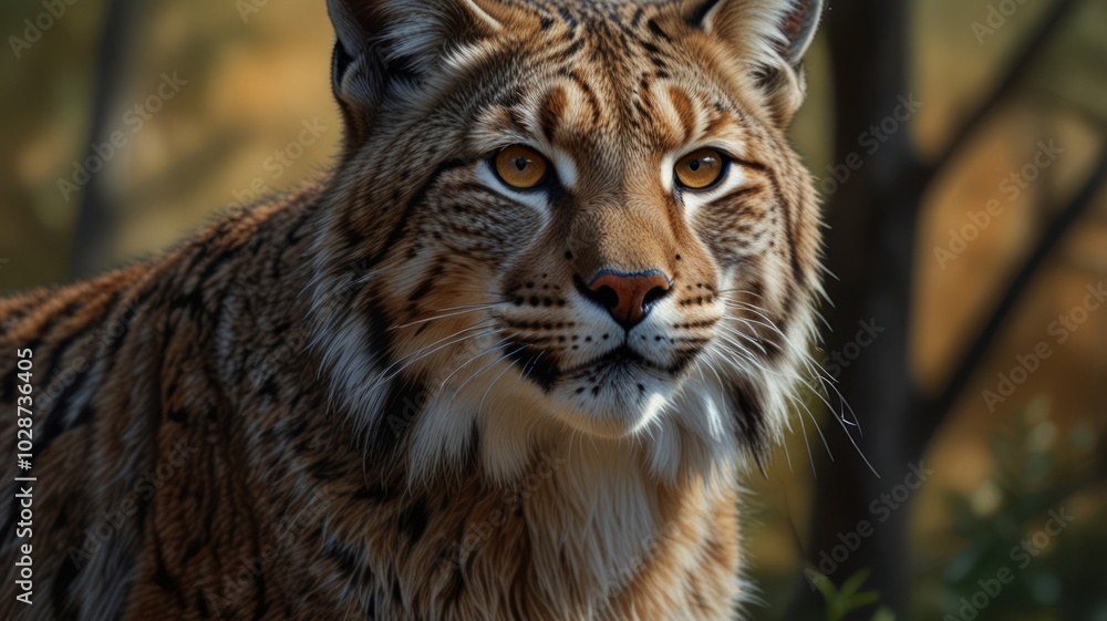 Obraz premium a lynx, its eyes gleaming with an intensity that belies its solitary nature. The fur patterned with spots, blends seamlessly with the dappled sunlight filtering through the forest canopy.