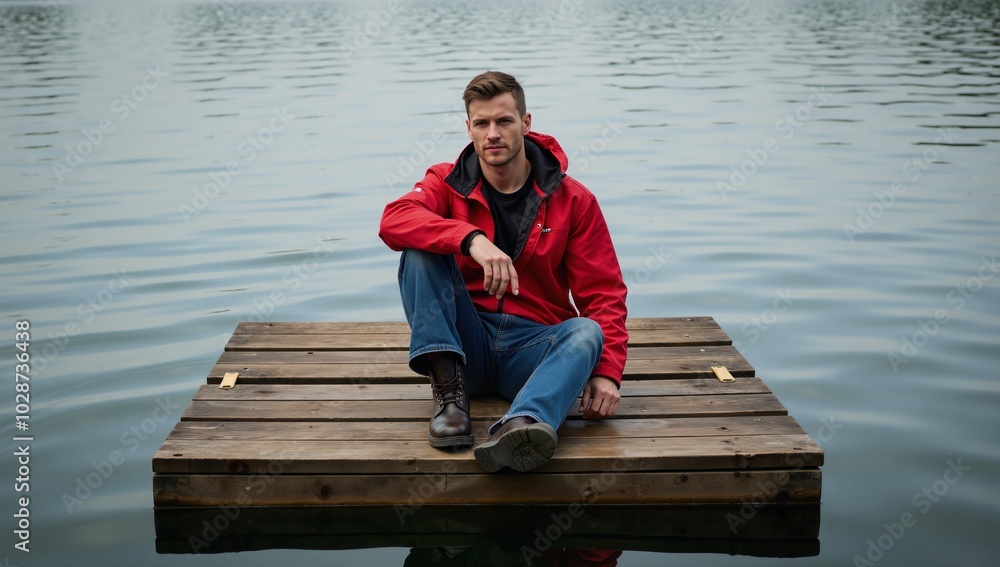 Man on wooden raft red jacket sitting in a lake Man on wooden raft red jacket sitting in a lake