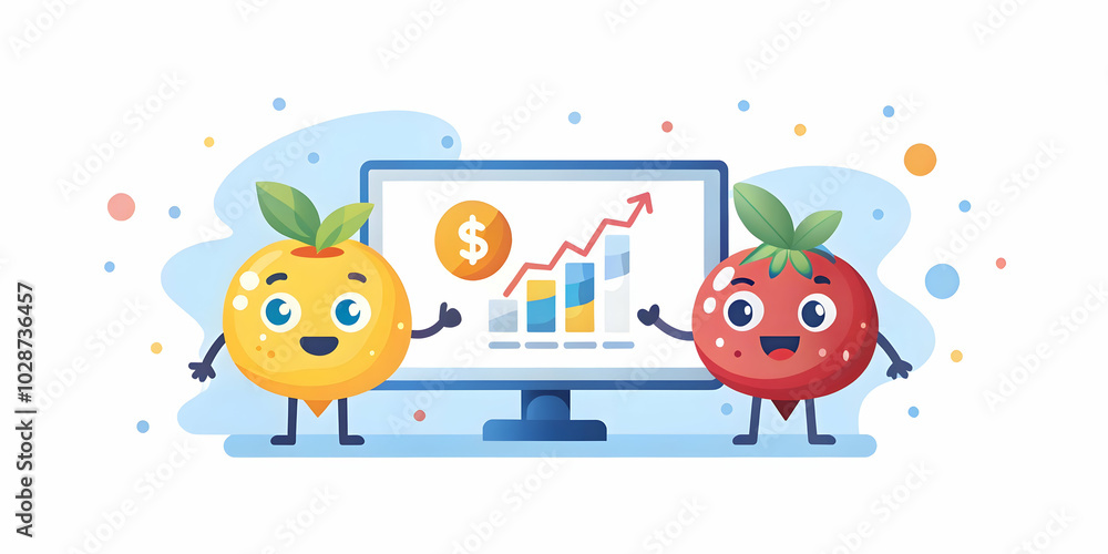 Fototapeta premium Fruity Financial Workshop: Engaging Fruits Host a Vibrant Financial Seminar with Interactive Digital Elements in a Soft Bokeh Background