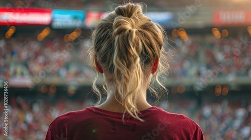 A woman stands with her back to the crowd at a sports event under an American flag