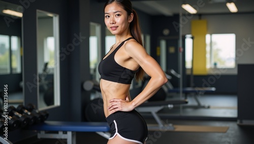 Asian woman depicted post-gym workout