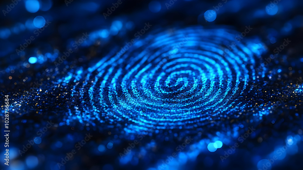 A close-up view of a blue fingerprint on a shimmering surface. A close-up view of a blue fingerprint on a shimmering surface.