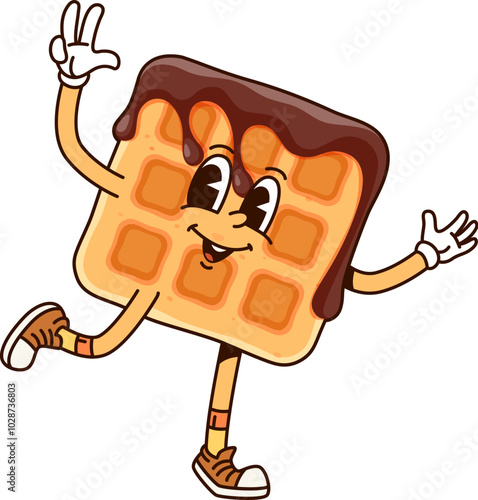 Groovy Belgian waffle character with chocolate topping. Cartoon vector wafer with choco dripping, cute fresh appetizer personage with smiling face and big eyes. Retro confectionery, funky pastry snack
