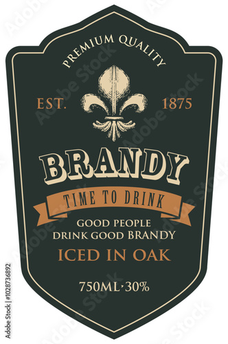 Monochrome vector label for brandy for bottle with fleur de lis on a black backdrop in a curly frame. Figured label or sticker for a strong alcohol drink in retro style isolated on white