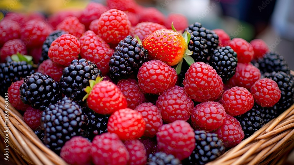Fresh Berries in a Rustic Basket Display Fresh Berries in a Rustic Basket Display