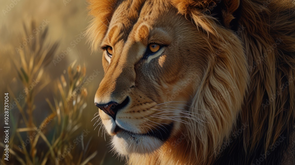 Obraz premium a majestic lion, its piercing eyes and tawny mane exuding an aura of power and regality. The sunlight bathes its golden fur, highlighting the intricate patterns and textures.