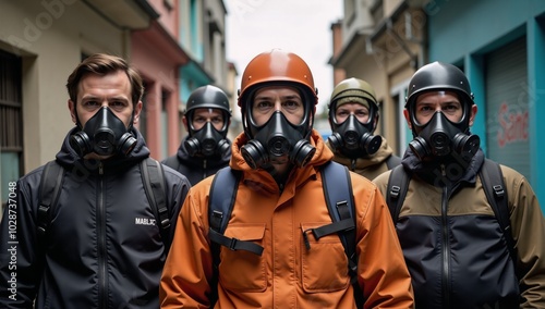 A scene with individuals donning gas masks and backpacks photo