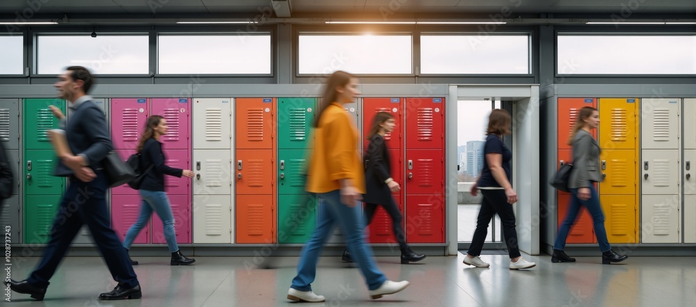 Obraz premium Busy transportation hub with coin-operated locker storage units