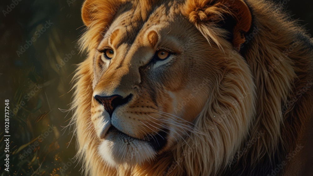 Fototapeta premium a majestic lion, its piercing eyes and tawny mane exuding an aura of power and regality. The sunlight bathes its golden fur, highlighting the intricate patterns and textures.