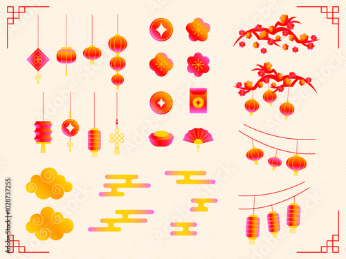 Minimalist Gradient Chinese New Year Vector Set.illustration of Lanterns, Cloud,Flower,Tree,Red Envelope.