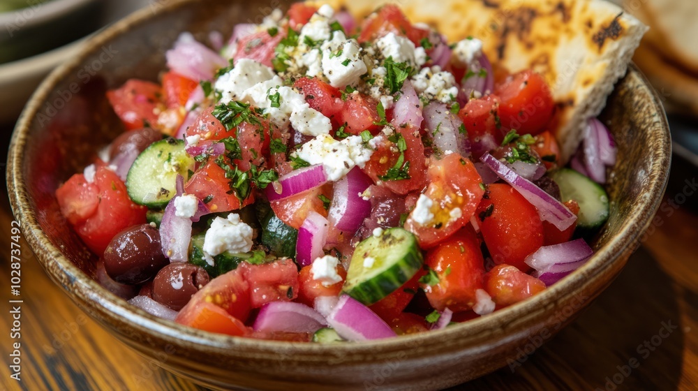Fresh Greek Salad with Feta Cheese and Toasted Pita Bread Fresh Greek Salad with Feta Cheese and Toasted Pita Bread