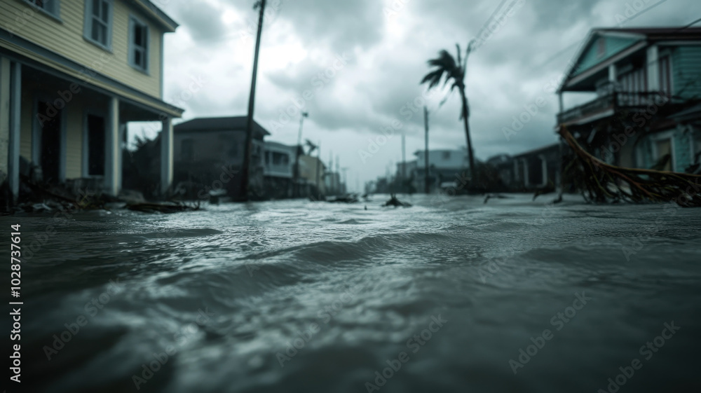 Obraz premium Flooded street scene after a storm, showcasing submerged houses, overcast sky, and debris scattered in rising water