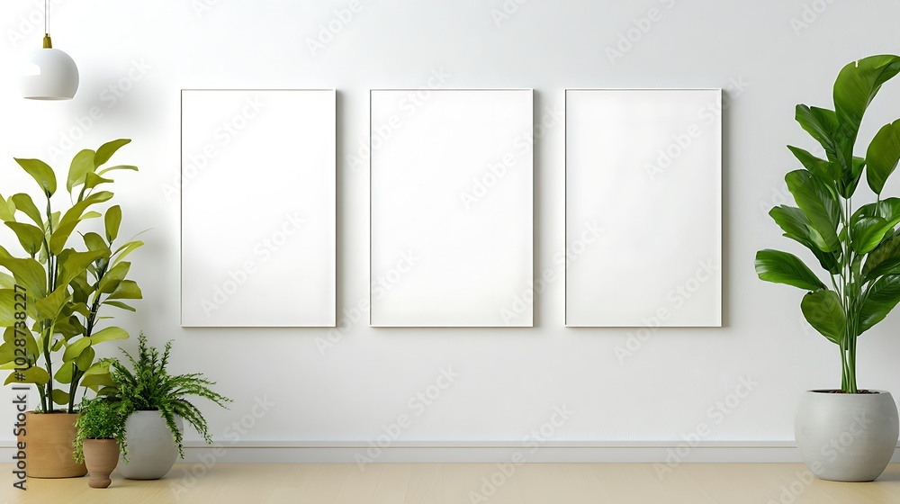 Fototapeta premium Three blank posters in a vertical arrangement on a sleek, modern white wall with soft lighting and minimalistic decor.