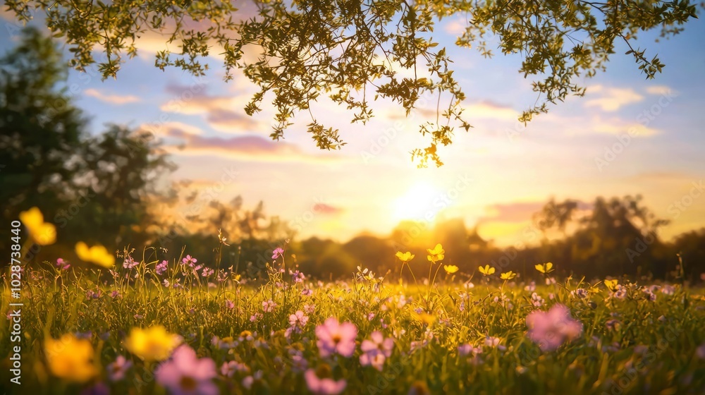 Tranquil American Countryside Sunset with Silhouetted Trees and Wildflowers - Ultra-Detailed, Cinematic Light Tranquil American Countryside Sunset with Silhouetted Trees and Wildflowers - Ultra-Detailed, Cinematic Light