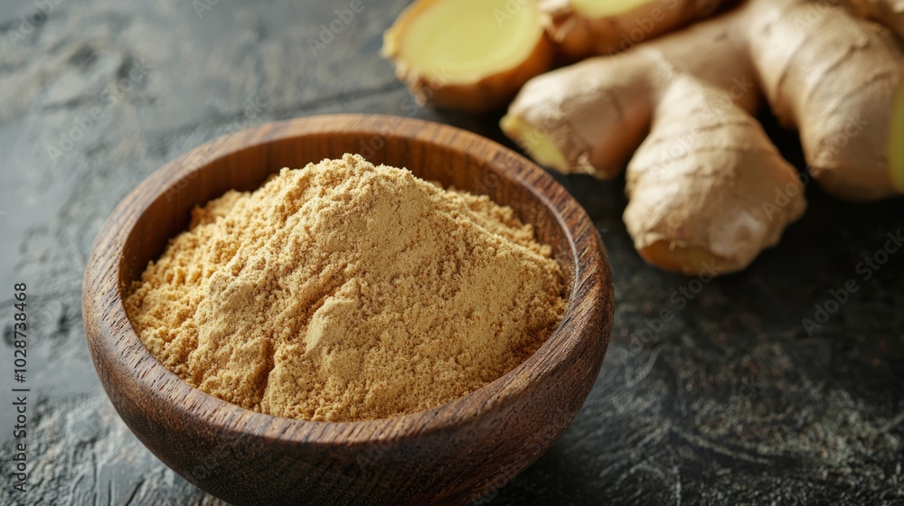 Fresh ginger root and ground ginger powder in wooden bowl. Fresh ginger root and ground ginger powder in wooden bowl.