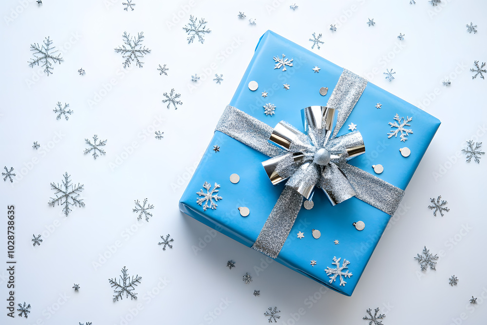 Wrapped gift in blue paper with silver snowflakes and a silver bow isolated on a white background Wrapped gift in blue paper with silver snowflakes and a silver bow isolated on a white background