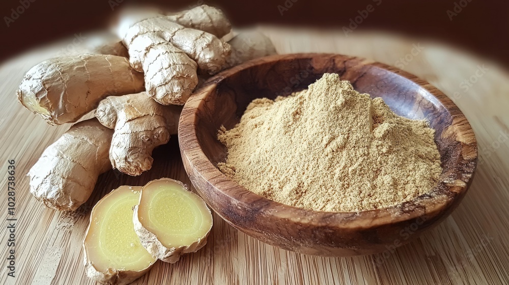 Fototapeta premium Fresh ginger root and ground ginger powder in wooden bowl.