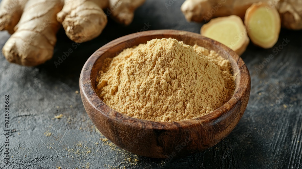Fresh ginger root and ground ginger powder in wooden bowl. Fresh ginger root and ground ginger powder in wooden bowl.