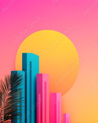 Vibrant geometric skyline against a colorful sunset