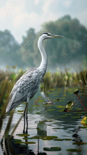 Graceful heron standing in a serene wetland, 4K hyperrealistic photo.