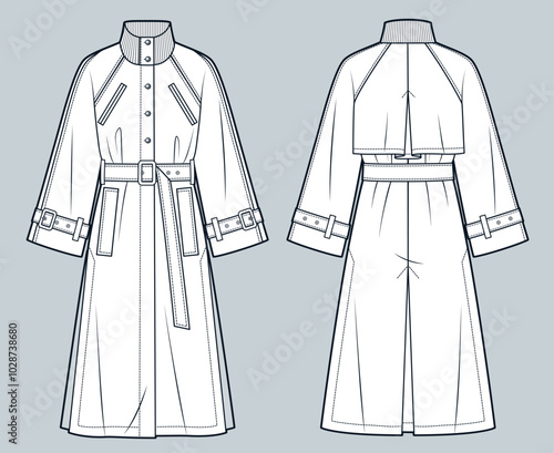 Trench Coat technical fashion Illustration. Raglan Sleeve Coat fashion technical drawing template, midi, wide sleeves, side slit, rib collar, front and back view, white, women, men, unisex CAD mockup.
