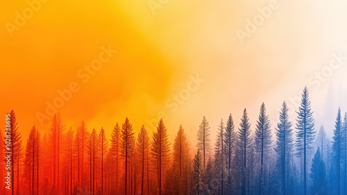 Gradient forest landscape with stark contrasts between fiery orange and tranquil blue hues in a misty atmosphere