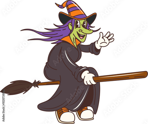 Groovy Halloween witch character flying on broomstick for horror night holiday, vector retro cartoon. Funny groovy witch on broom with funky smile, retro cartoon character for Halloween holiday