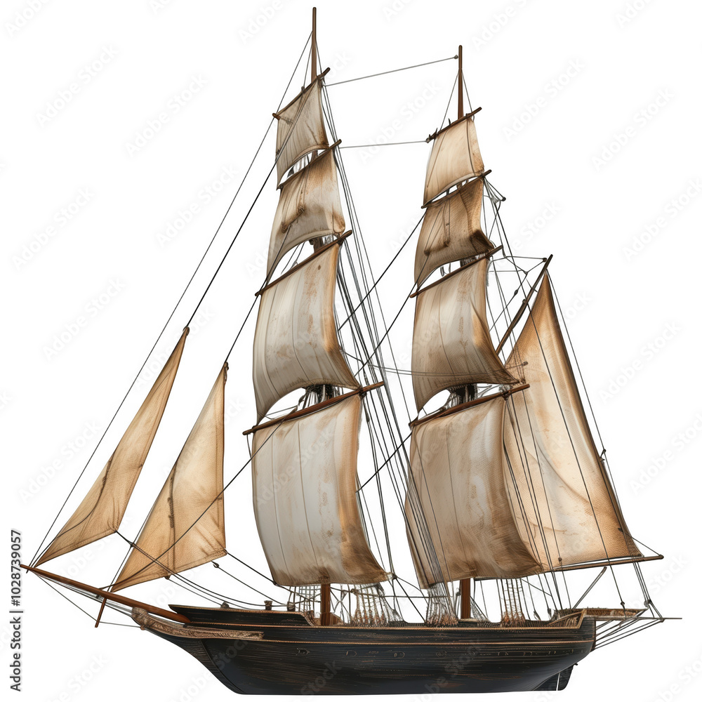 Obraz premium Large white sailboat with a black hull on a transparent background.