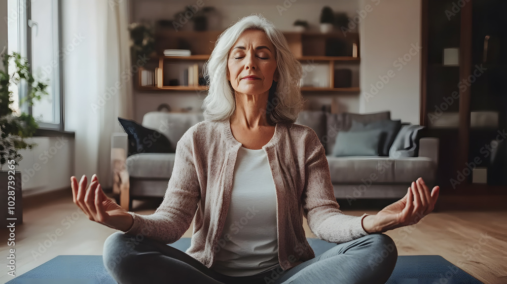 Senior woman meditating on the mat at home Senior woman meditating on the mat at home