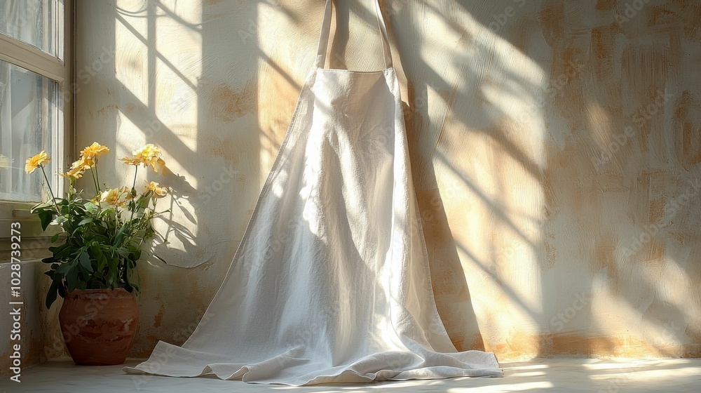 A white apron hangs elegantly in a sunlit room, with soft shadows creating an inviting atmosphere, complemented by a pot of yellow flowers nearby. A white apron hangs elegantly in a sunlit room, with soft shadows creating an inviting atmosphere, complemented by a pot of yellow flowers nearby.