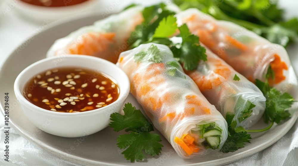 Fresh Spring Rolls with Dipping Sauce and Herbs Fresh Spring Rolls with Dipping Sauce and Herbs