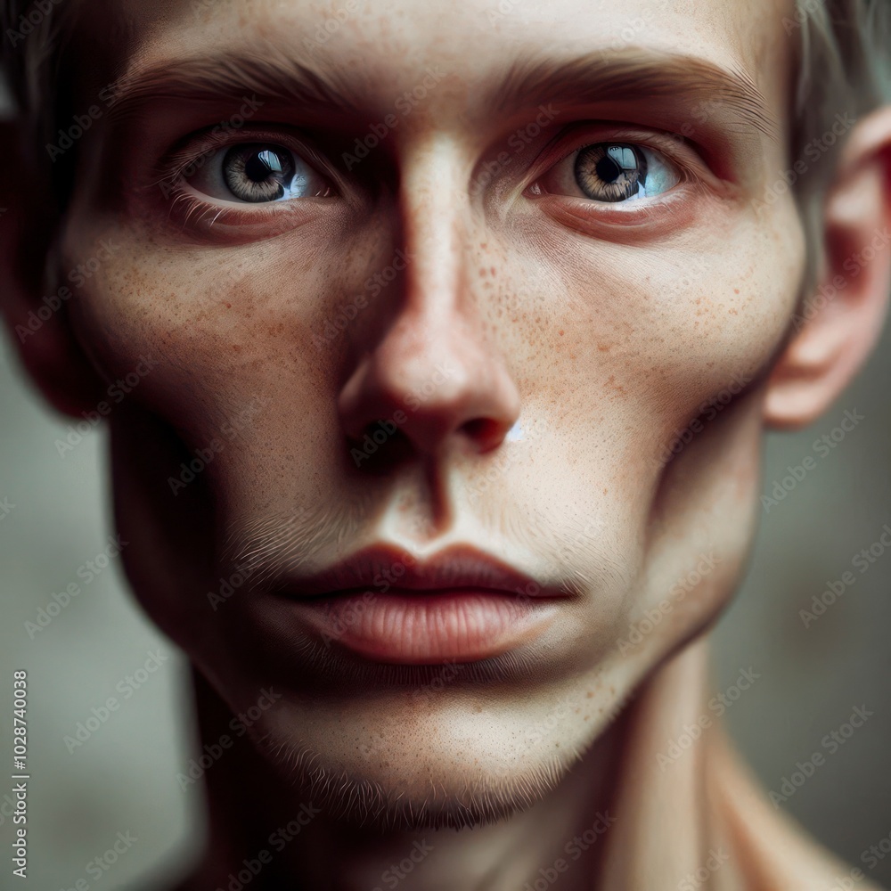 Close-up portrait of a person with freckled face and prominent cheekbones Close-up portrait of a person with freckled face and prominent cheekbones