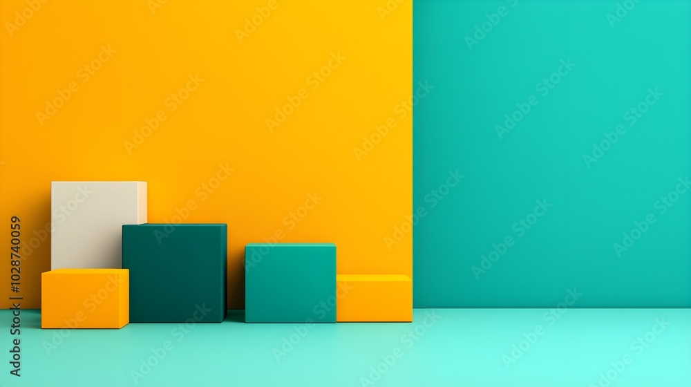 Modern geometric composition with colorful blocks and walls Modern geometric composition with colorful blocks and walls