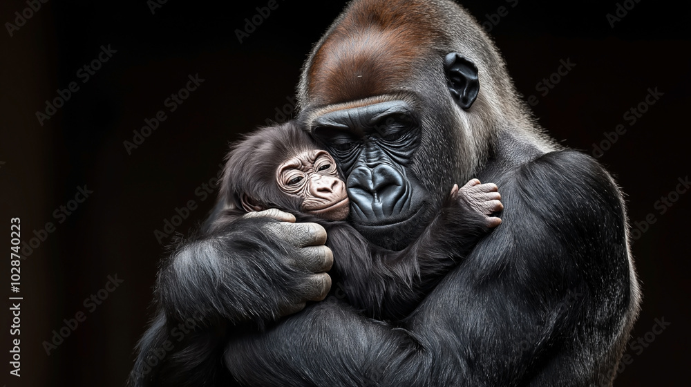 Close-up portrait of a gorilla mother lovingly holding her baby, showcasing the strong bond and nurturing behavior between them, set against a dark background. Close-up portrait of a gorilla mother lovingly holding her baby, showcasing the strong bond and nurturing behavior between them, set against a dark background.