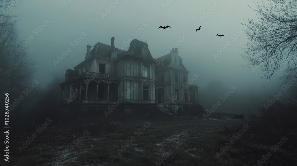 spooky and scary nights in the forest. empty castle with bats spooky and scary nights in the forest. empty castle with bats