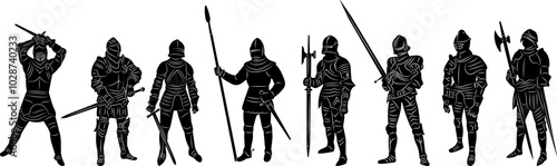 knights with weapons set icons black silhouette, vector