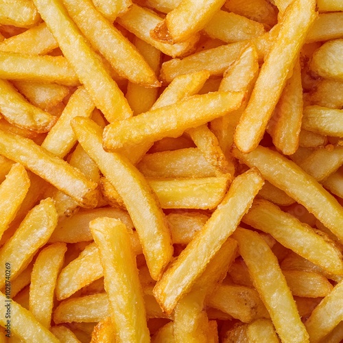 Close-up top view photography of crispy french fries, look delicious, background pattern.