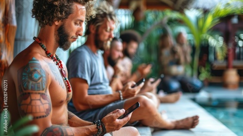 American men engage in texting and lounging on a sunny lawn during a leisurely afternoon