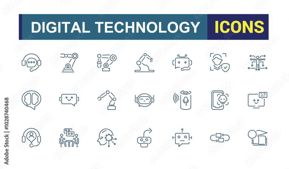 Information Technology icon set. Robotic technology icons collection. Set of Digital technology and Artificial Intelligence. Outline icons collection. Vector illustration Information Technology icon set. Robotic technology icons collection. Set of Digital technology and Artificial Intelligence. Outline icons collection. Vector illustration