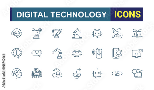 Information Technology icon set. Robotic technology icons collection. Set of Digital technology and Artificial Intelligence. Outline icons collection. Vector illustration