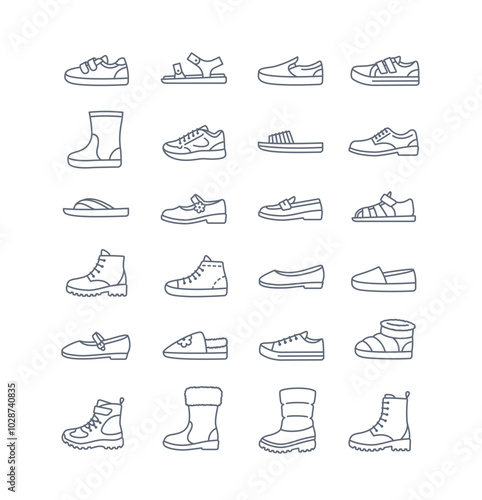 Kids shoes collection. Basic types of footwear for children. Sneakers, sandals, boots, ballet flats, loafers, slippers. Simple line icons for kids clothing shop. Outline pictograms, editable stroke