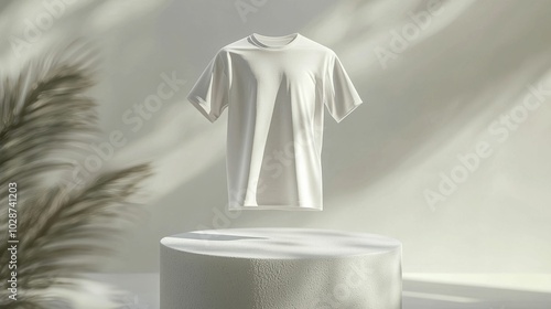 A realistic mockup of a white t-shirt suspended above a textured pedestal, featuring soft natural lighting and a minimalistic background. photo